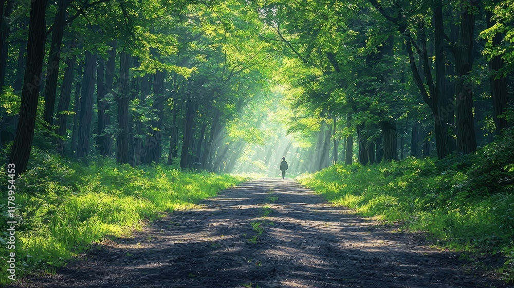 Fototapeta premium Solitude in the Forest: A Serene Journey Through Sunlit Woods