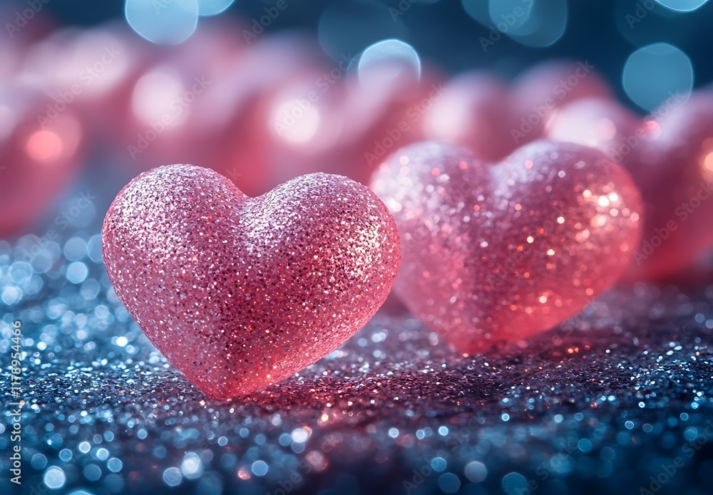 Fototapeta premium Group of Pink Hearts ob glittery blue surface Happy Valentine Day