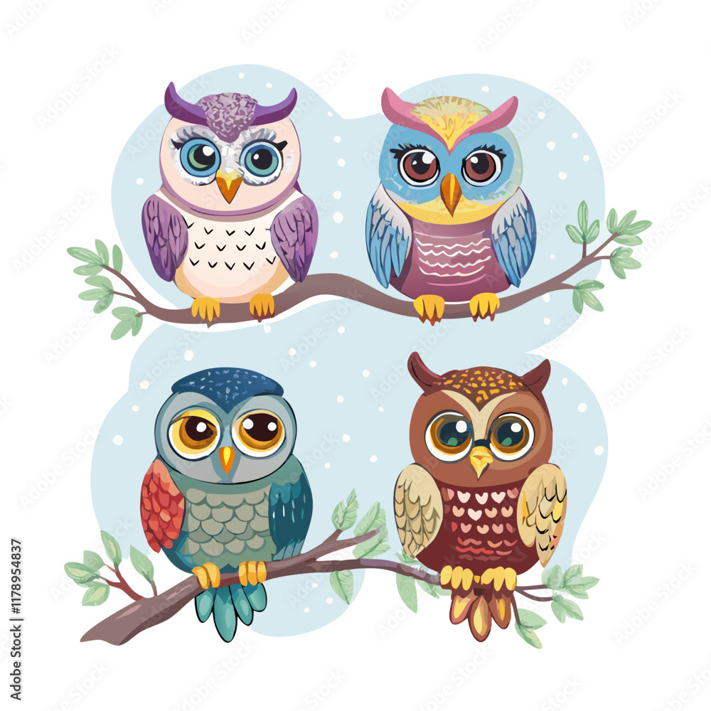 Fototapeta premium Colorful Owl Vector Illustration Set