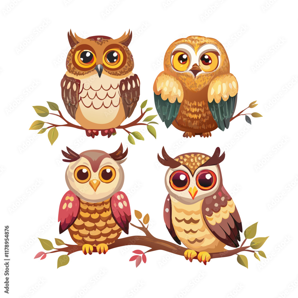 Cartoon Owls on Branches – Nature Graphics Cartoon Owls on Branches – Nature Graphics