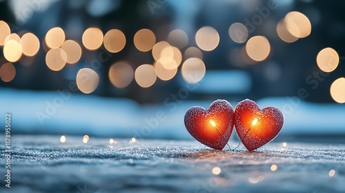 Enchanting glass heart shaped glow and shimmer against a backdrop of winter s icy crystalline beauty creating a cozy romantic atmosphere perfect for special occasions photo