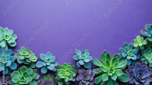 Purple background succulent plants arrangement, flatlay, copy space, design.