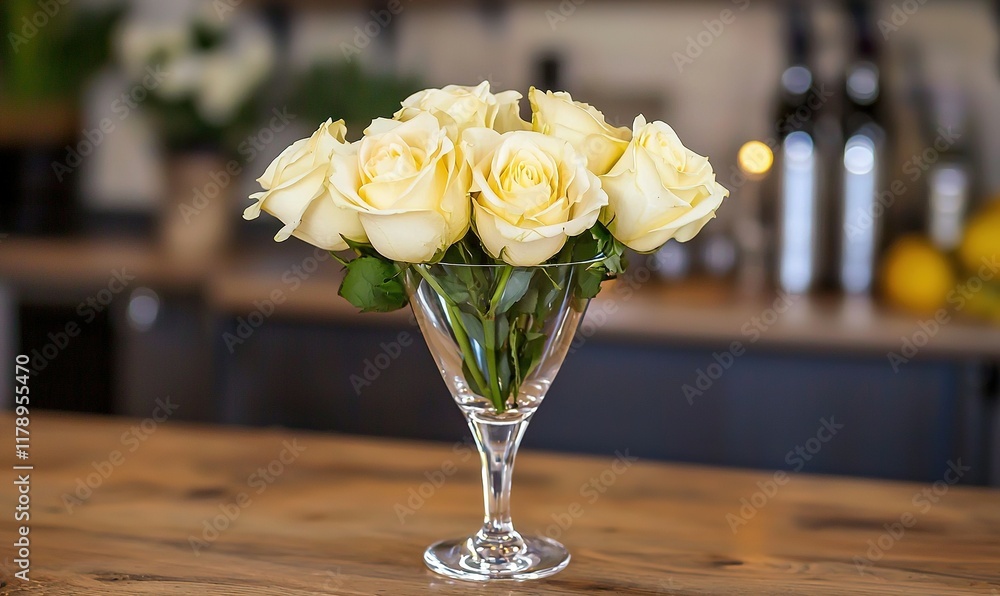 Fototapeta premium White roses in martini glass on wood counter, blurred bar background.