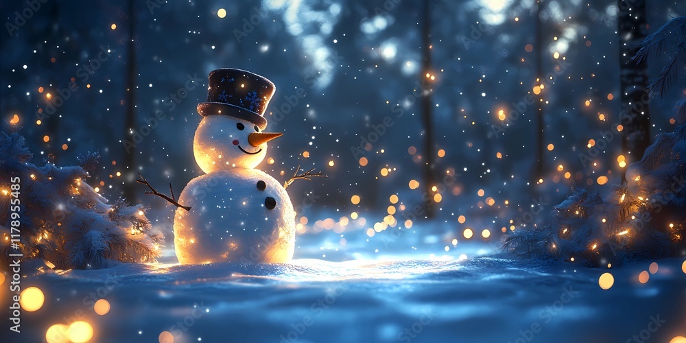 Fototapeta premium Softly blurred bokeh lights shimmering around a cheerful snowman in a peaceful snowy scene, style book illustration