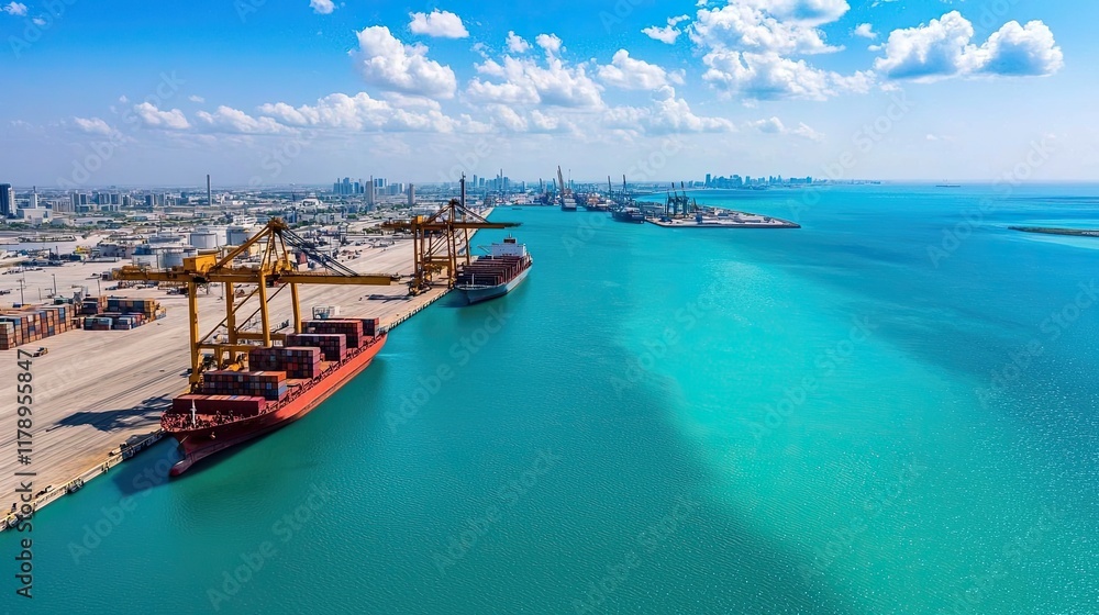 Fototapeta premium A vibrant port scene featuring cargo ships and cranes along a turquoise waterway under a bright blue sky.