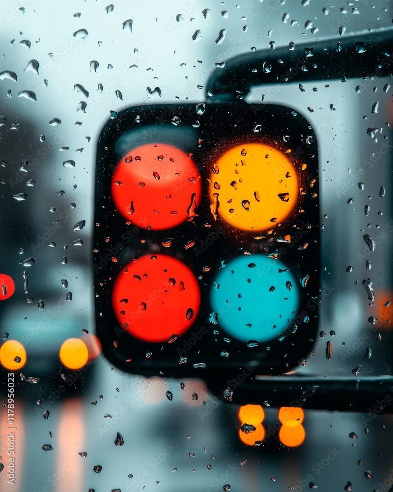 Obraz premium Rainy Day Traffic Light View Through Wet Window Red Yellow Green Lights