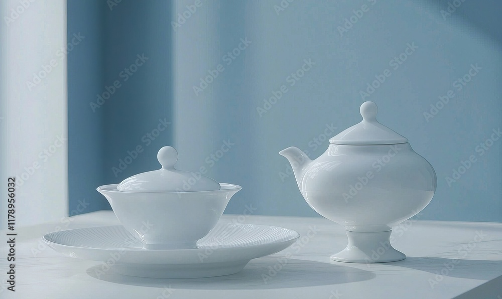 White teapot and teacup on table by window, soft blue room. White teapot and teacup on table by window, soft blue room.