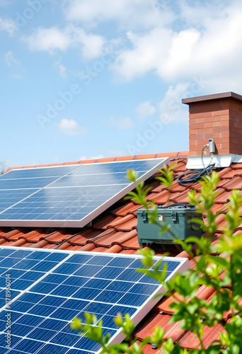 Solar power panel installed on a rooftop. Green energy. Electricity. Power energy pannels. Solar batteries production, detailed, with white tones