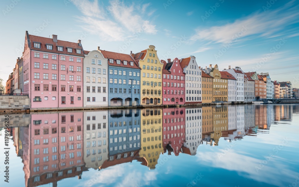 Fototapeta premium Gdansk Waterfront, Poland Colorful houses reflected in calm water at sunrise.