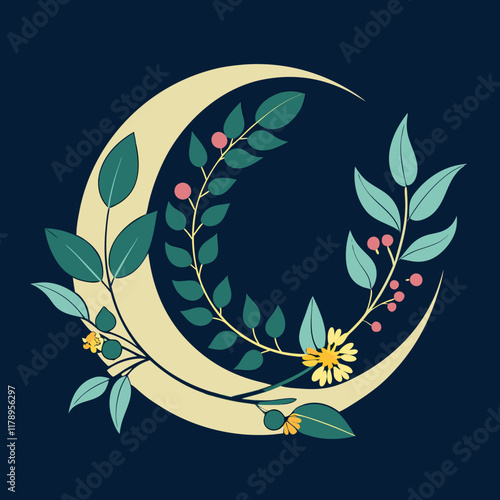 colorful illustration of a crescent moon intertwined with an elegant vine of flowers and leaves