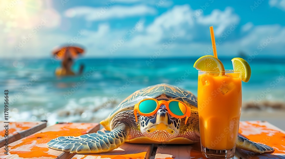 A turtle is near the beach with mango juice long glasses and wearing goggles A turtle is near the beach with mango juice long glasses and wearing goggles
