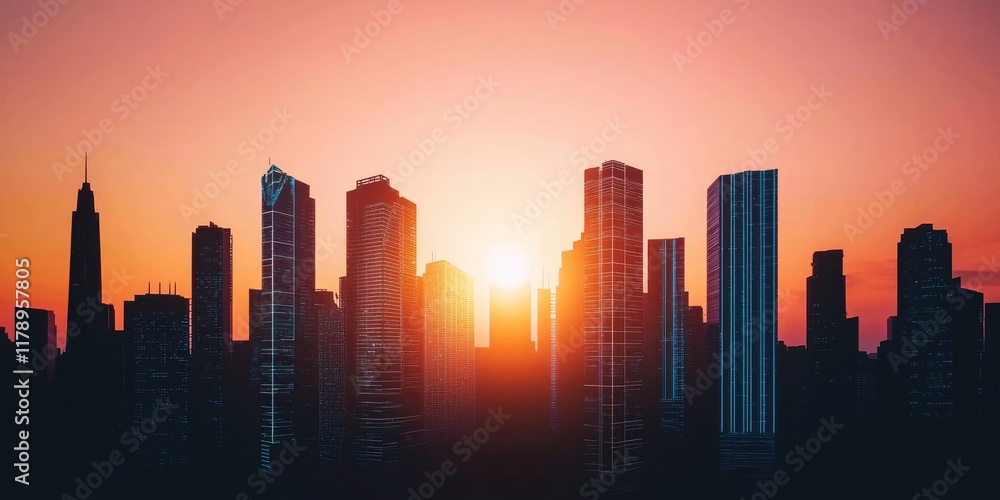 A vibrant sunset casts a warm glow behind a city skyline, highlighting the silhouettes of tall buildings against a colorful sky. A vibrant sunset casts a warm glow behind a city skyline, highlighting the silhouettes of tall buildings against a colorful sky.