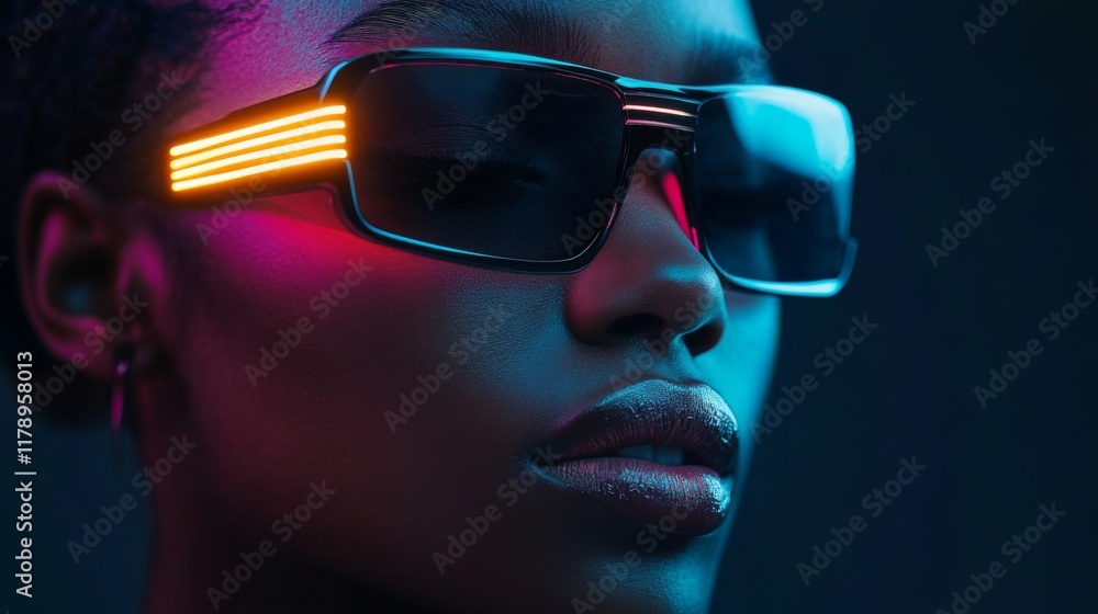 Side profile of stylish man with bold sunglasses under red neon lighting Side profile of stylish man with bold sunglasses under red neon lighting