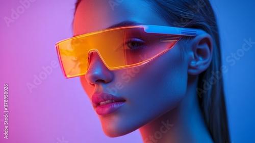 Fashionable woman with bold futuristic sunglasses and glowing orange tint photo