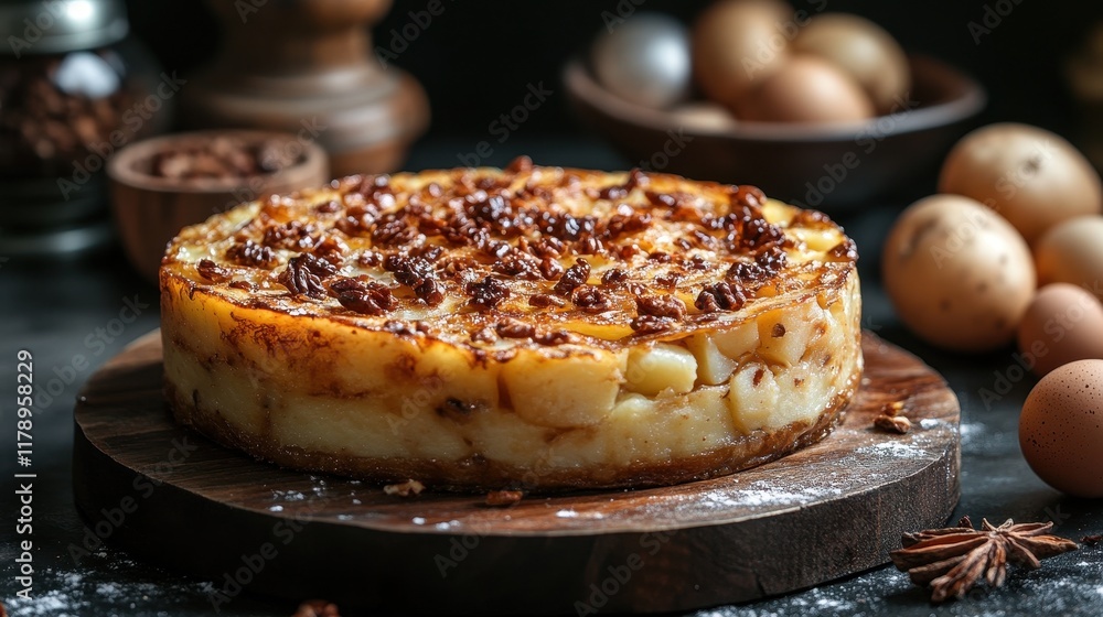 Spanish omelet on a wooden table with an aluminum cake pan Spanish omelet on a wooden table with an aluminum cake pan