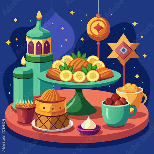 colorful illustration of a ramadhan iftar table menu