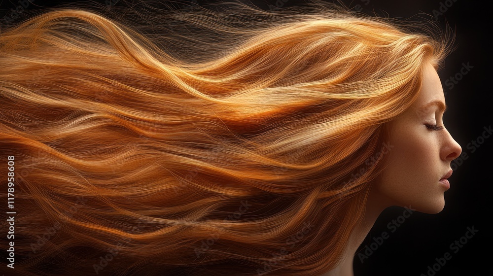 A profile of a woman with flowing red hair against a dark background. A profile of a woman with flowing red hair against a dark background.