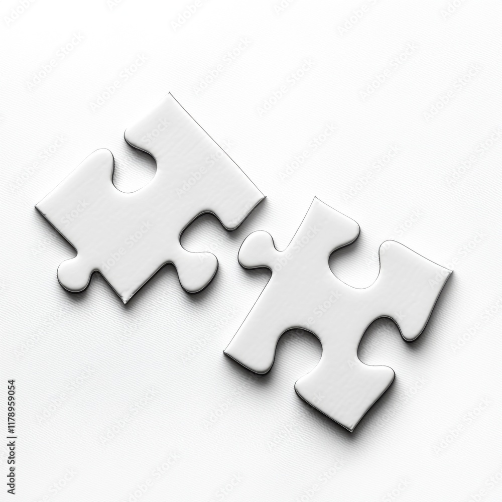 Fototapeta premium Two white puzzle pieces lying on a clean surface ready to be connected together for a creative project