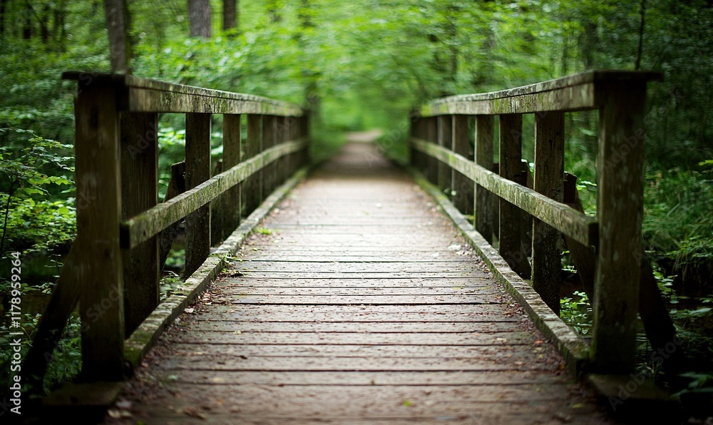 Fototapeta premium Wooden bridge path in lush green forest, ideal for nature walks, tranquility, and escape.
