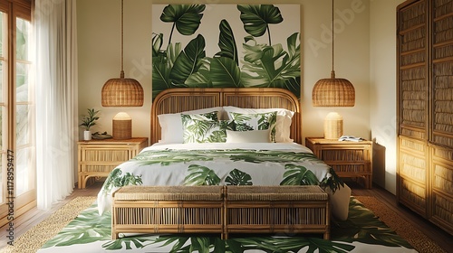 A tropical inspired bedroom with bamboo furniture and green leafy patterns photo