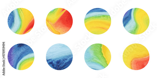 Watercolor rainbow circles. Stains set isolated on white background. Hand drawn design elements. Painted pied textured elements.
