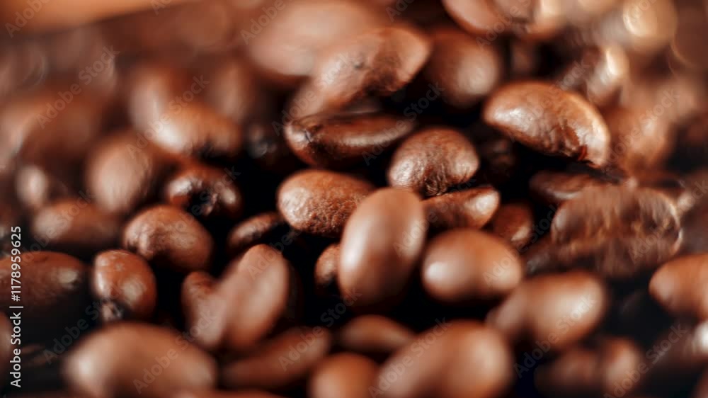 Experience the rich texture and movement of fresh coffee beans rotating on a black background in stunning 4k clarity Experience the rich texture and movement of fresh coffee beans rotating on a black background in stunning 4k clarity