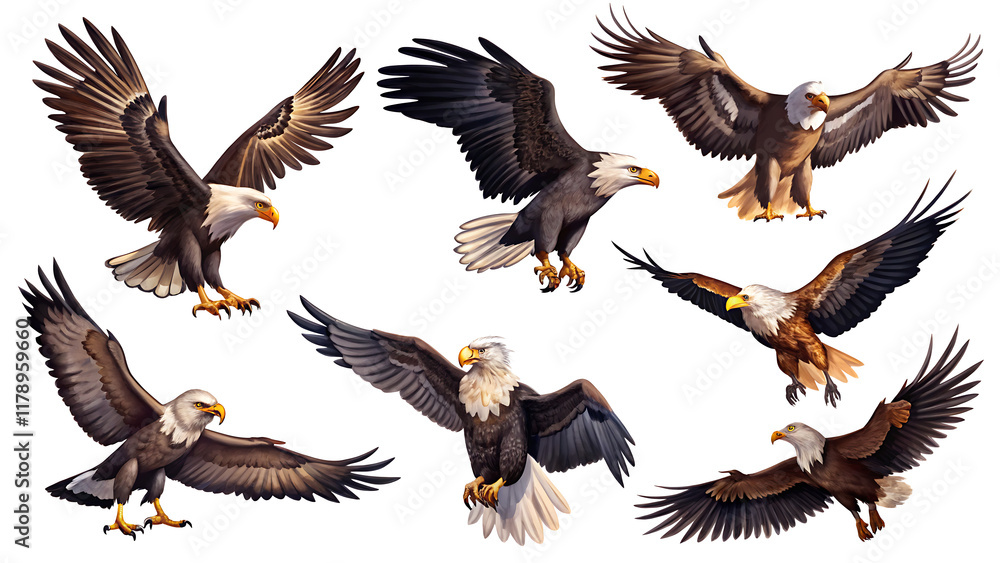 Obraz premium set collection of eagle birds in diffrent positions and views isolated on white background PNG.AI GENERATED