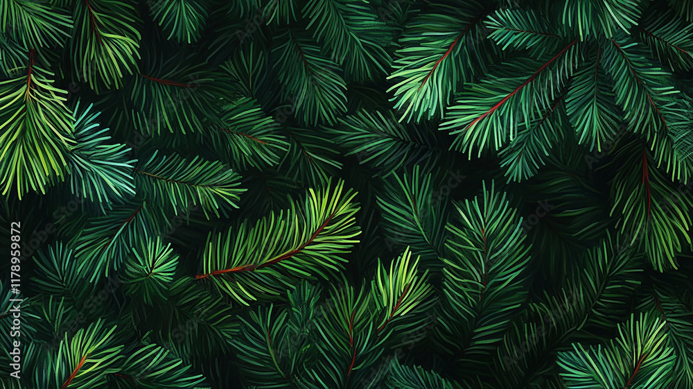 Banner with Dense green pine foliage texture, dark moody fir tree branches background Banner with Dense green pine foliage texture, dark moody fir tree branches background