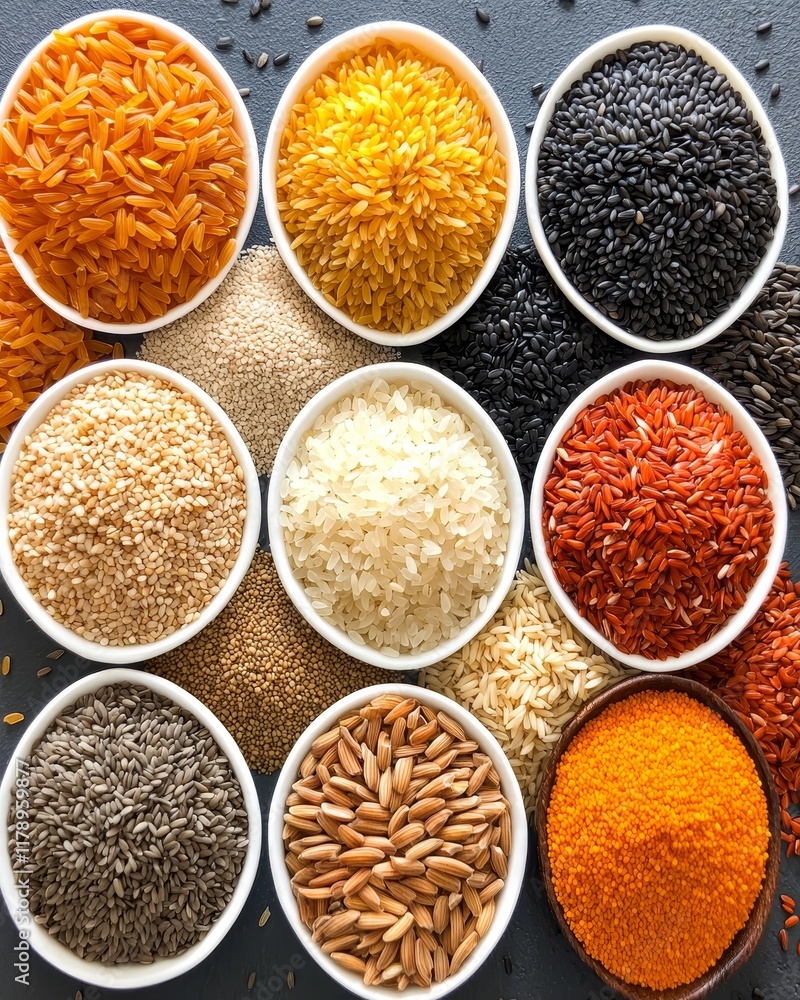 Collection of Various Grains and Seeds in Bowls Rice Seeds and Grains Assortment Collection of Various Grains and Seeds in Bowls Rice Seeds and Grains Assortment