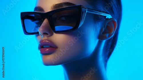 Stylish woman wearing sunglasses in a modern vibrant cityscape photo