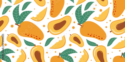 Seamless horizontal vector pattern featuring vibrant illustrations of ripe mango, halved mangoes with pit and lush green leaves. Vector illustration in Flat design for Print for fabric, textile