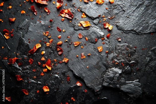 Spicy red chili flakes scattered on a rough black surface photo