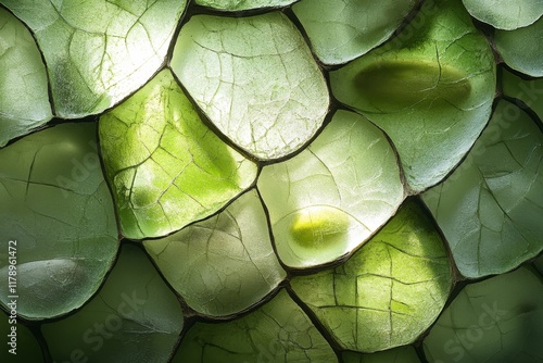 Closeup of green translucent overlapping leaves with intricate patterns photo