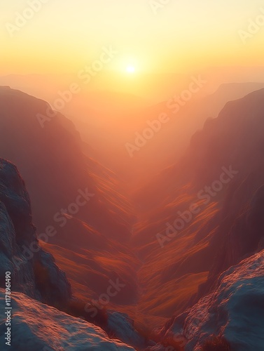 Sunset over a hazy mountain valley.
