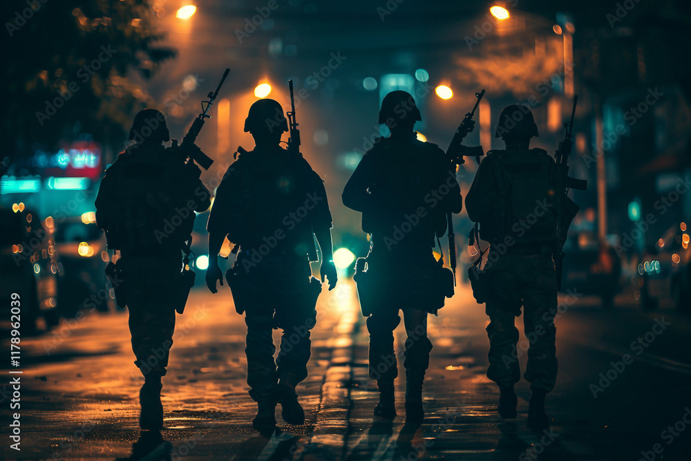 Naklejka premium Generative AI Image of Armed Terrorist Gang Engaged in Dangerous Combat with Rifles