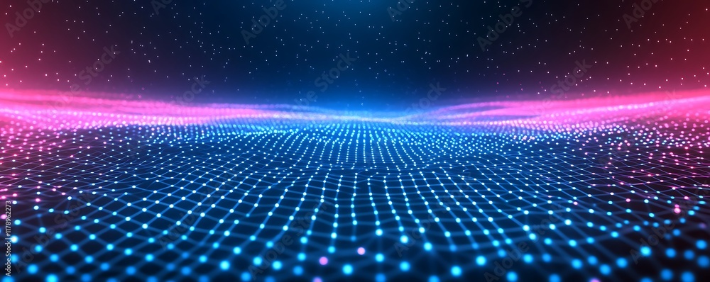 Abstract 3D hexagonal grid with glowing edges in a vibrant blue and pink gradient Abstract 3D hexagonal grid with glowing edges in a vibrant blue and pink gradient