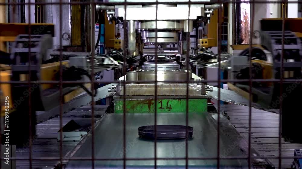 Close up view of a large hydraulic transfer press line shaping metal parts in a factory. Close up view of a large hydraulic transfer press line shaping metal parts in a factory.