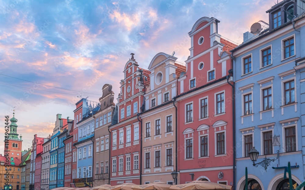 Fototapeta premium Colorful historic buildings at sunset.
