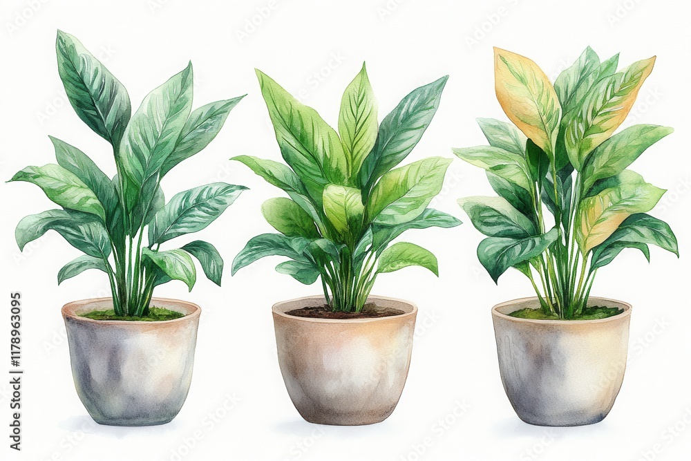 Three potted plants with vibrant green leaves in decorative pots. Three potted plants with vibrant green leaves in decorative pots.