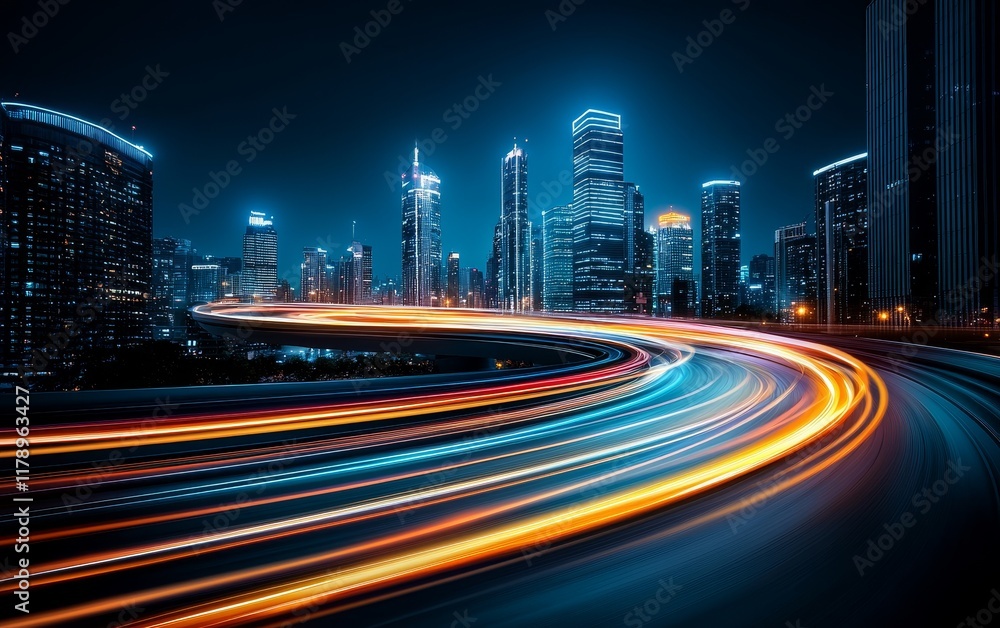 Fototapeta premium Night Cityscape Vibrant Light Trails on City Highway with Modern Skyscrapers