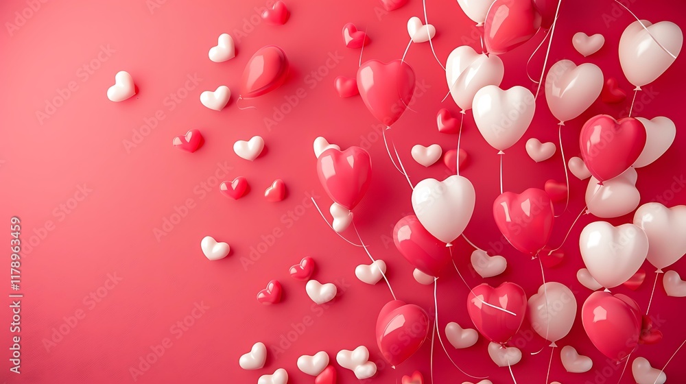 A vibrant pink background with cascading red and white heart-shaped balloons floating upwards, creating a festive and romantic feel A vibrant pink background with cascading red and white heart-shaped balloons floating upwards, creating a festive and romantic feel