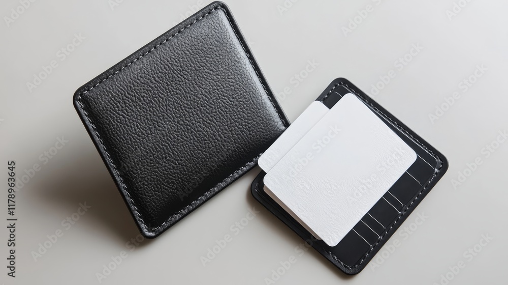 Black leather card holder with two blank white cards inside, isolated on solid background. The front of the wallet was visible and there were three blank white plastic business cards sticking out. Black leather card holder with two blank white cards inside, isolated on solid background. The front of the wallet was visible and there were three blank white plastic business cards sticking out.