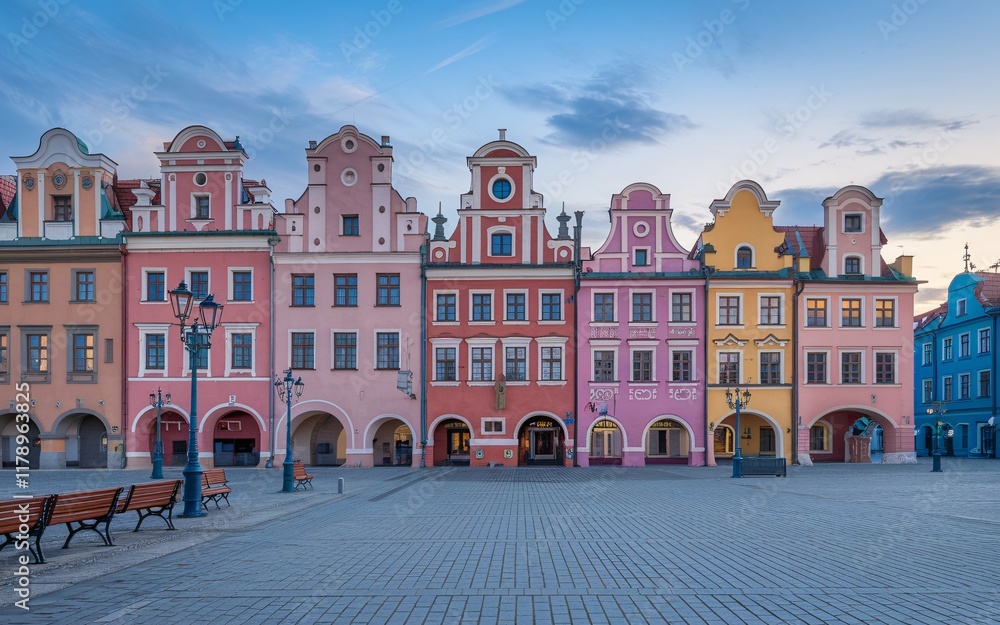 Obraz premium Colorful historic houses at sunrise in a European town square.