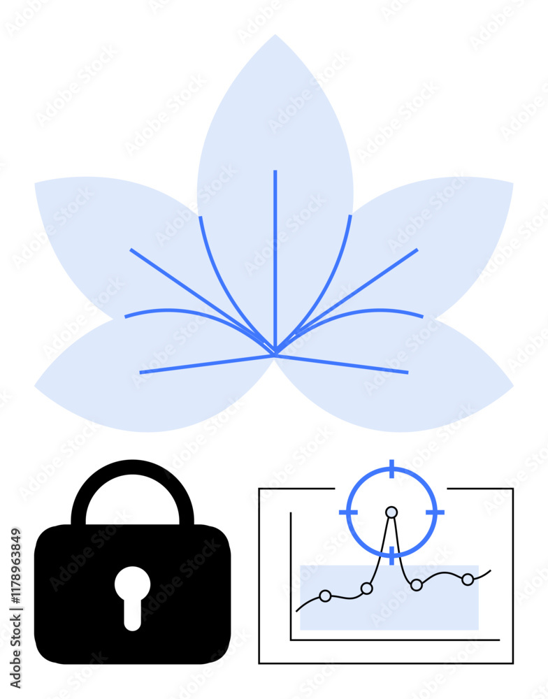 Blue flower symbolizing growth, black lock for security, and graph with target for analytics. Ideal for business, technology, security, strategy, success growth education. Abstract line flat Blue flower symbolizing growth, black lock for security, and graph with target for analytics. Ideal for business, technology, security, strategy, success growth education. Abstract line flat