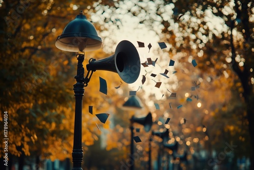 in the park there are gramophones hanging on a pole and notes are pouring out of it photo