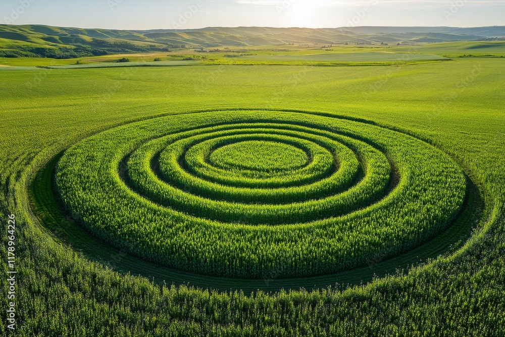 Concentric green crop circles in a glowing abstract agricultural field Concentric green crop circles in a glowing abstract agricultural field