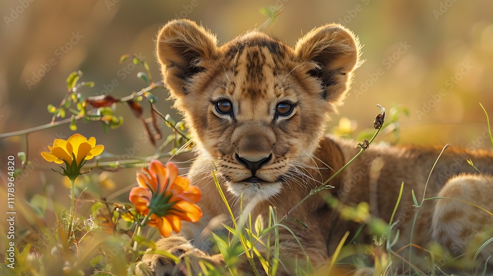 Obraz premium A young flower adorned lion cub in the wild