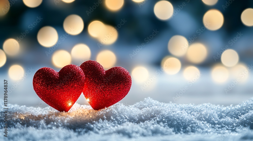 Fototapeta premium Glowing heart shaped red lights shining brightly in the snow on a cozy magical winter night The festive romantic atmosphere creates a warm intimate