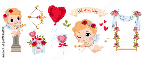 Valentine's Day. Little cute cupid with arrows. Set of vector elements in romantic style: cupids, hearts, roses.