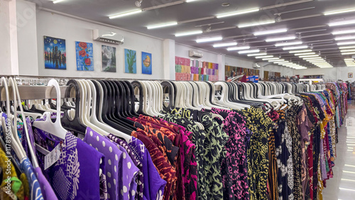 Vibrant Batik Clothing Display in a Sunny Boutique Store photo